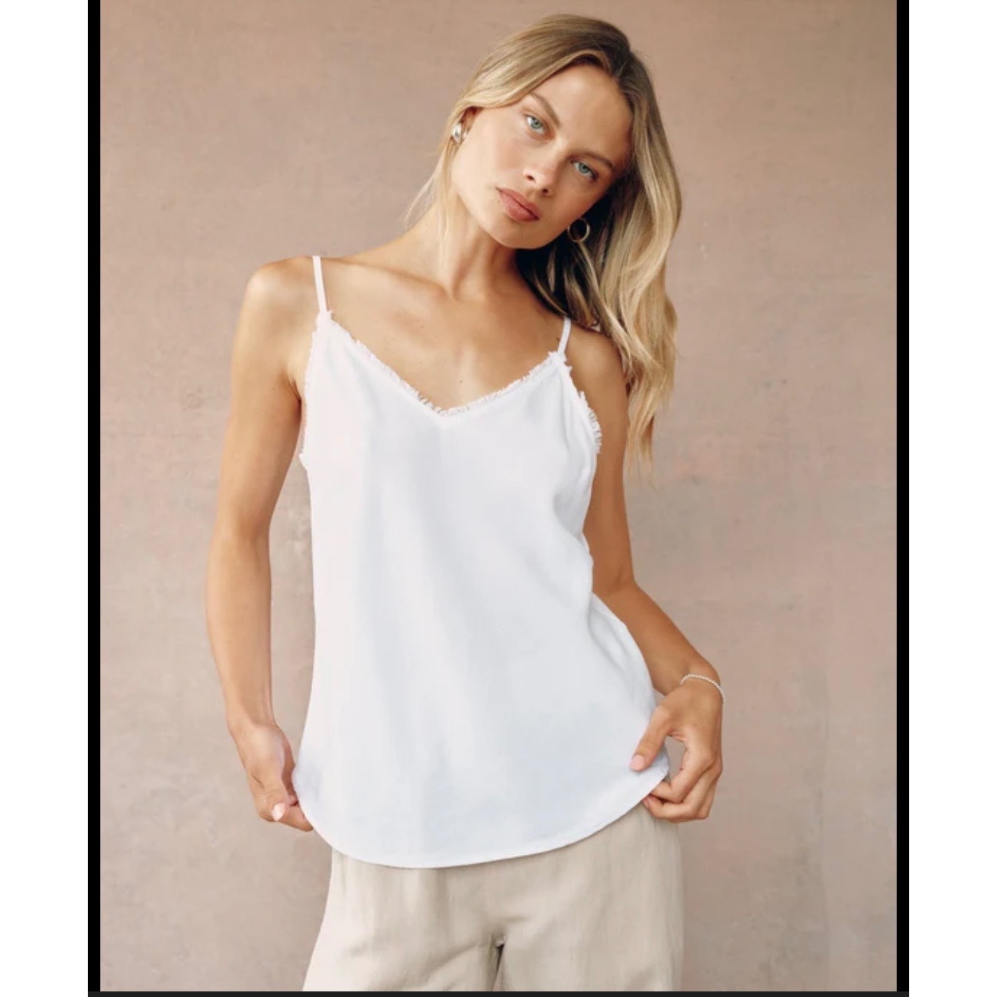 Bella Dahl White Frayed Raw Edge V-Neck Tencel Cami Top Xs